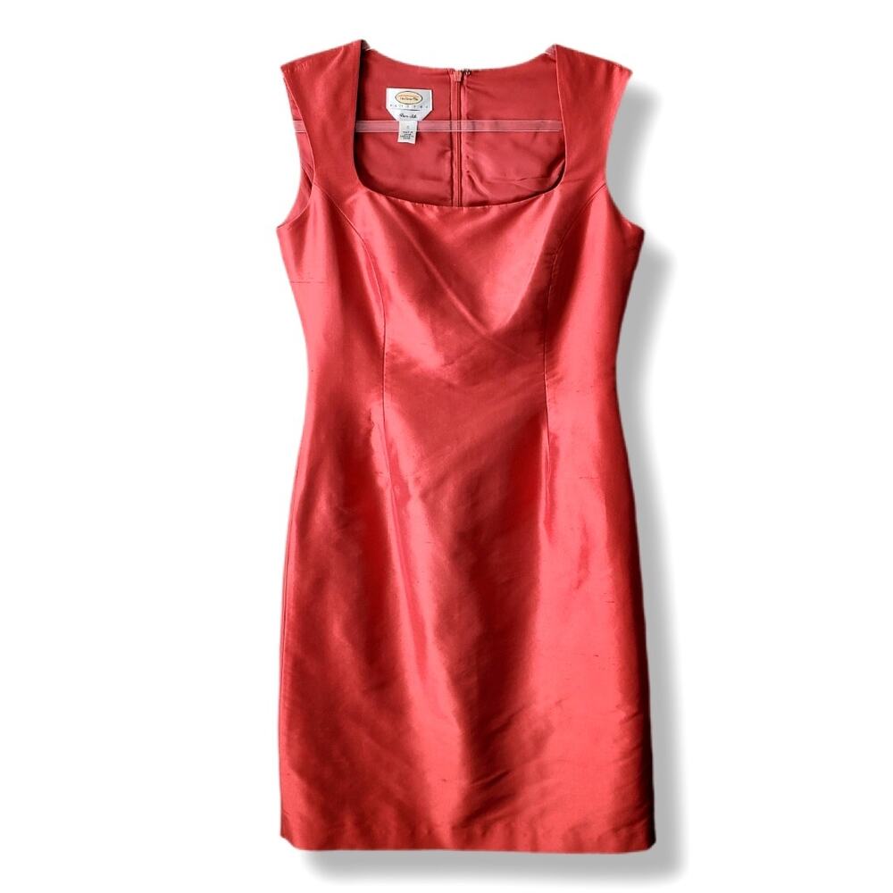 Vtg 90s Talbots Coral Red Silk Sheath Dress 6P Monica Preppy Cocktail MCM Mod